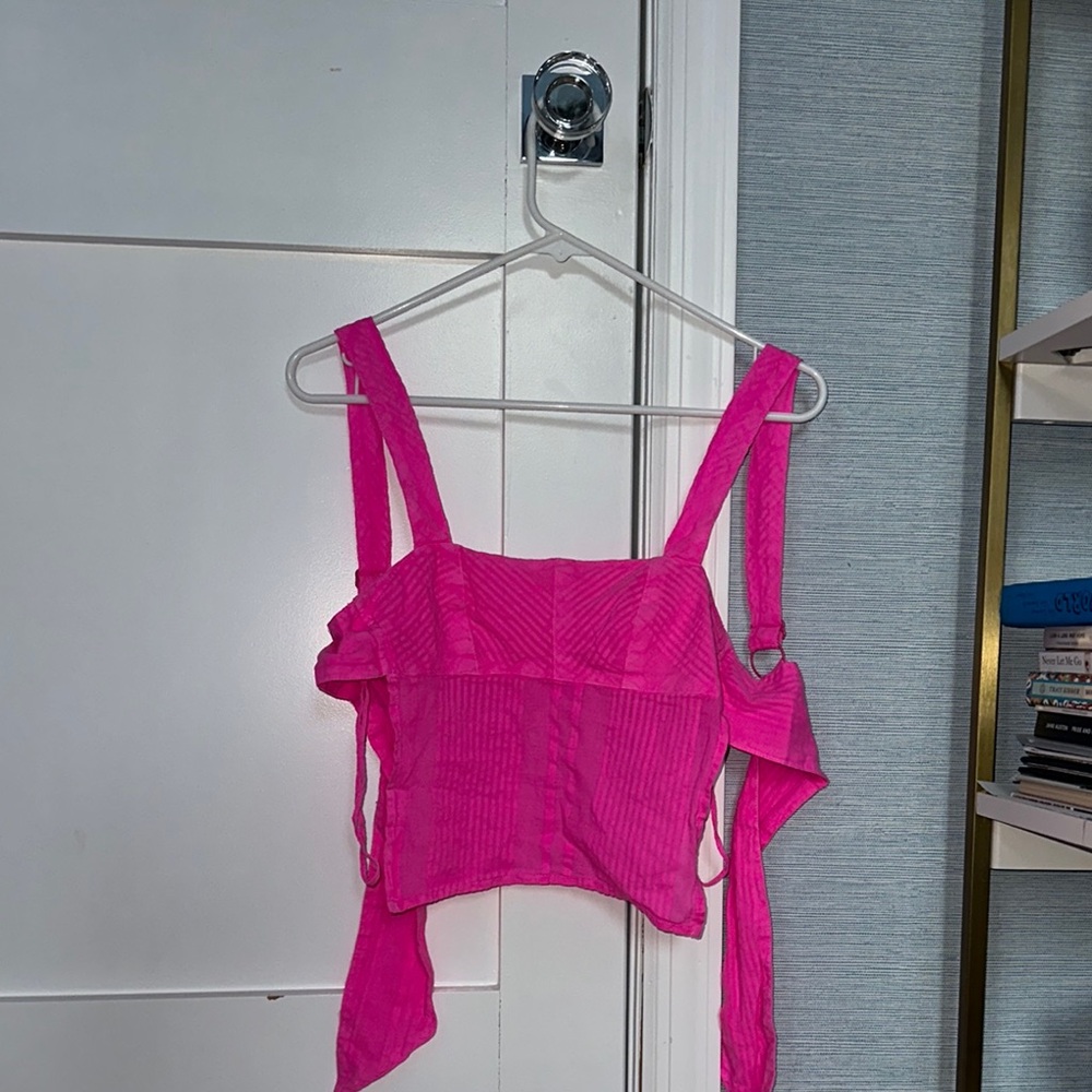 Ecote Pink Sleeveless Crop Tank Top with Asymmetrical Design and Tie back
